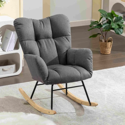 Modern Flax Fabric Tufted Upholstered Garden Rocking Chair with Padded Seat, Grey