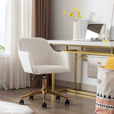 Velvet Adjustable Height Swivel Executive Office Chair with Gold Legs, Ivory