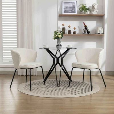 2 Pack Boucle Fabric Wingback Modern Accent Chairs with Black Metal Legs, Beige