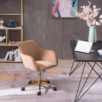 Velvet Adjustable Height Swivel Executive Office Chair with Gold Legs, Coffee