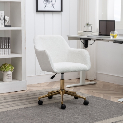 Adjustable Height Swivel Executive Office Chair with Gold Legs, White Teddy