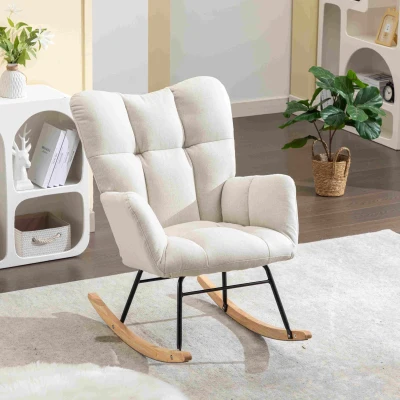 Flax Fabric Nursery Room Rocking Chair with Padded Seat, White