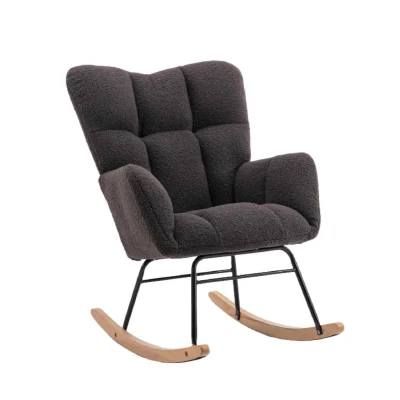 Mid Century Modern Teddy Fabric Tufted Upholstered Garden Rocking Chair with Padded Seat, Dark Gray