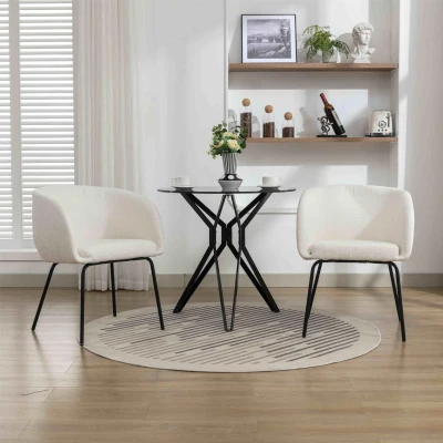 2 Pack Modern Boucle Chair with Black Powder Coated Metal Legs and Wing Back, Beige