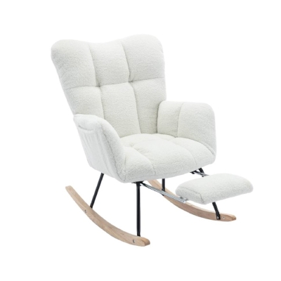 Teddy Fabric Upholstered Rocking Chair with Pull-out Footrest, White