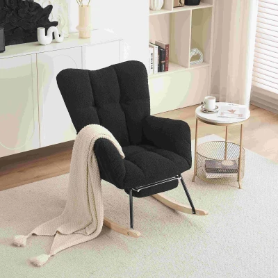 Teddy Fabric Upholstered Rocking Chair with Pull-out Footrest, Black