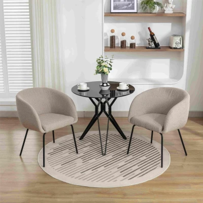 2 Pack Boucle Fabric Modern Accent Chairs with Black Powder Coated Metal Legs, Light Grey