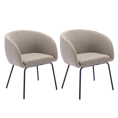 2 Pack Boucle Fabric Modern Accent Chairs with Black Powder Coated Metal Legs, Light Grey