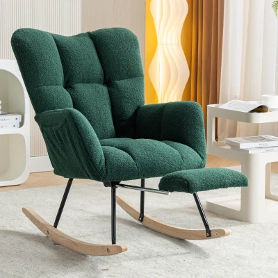 Teddy Fabric Upholstered Rocking Chair with Pull-out Footrest, Green