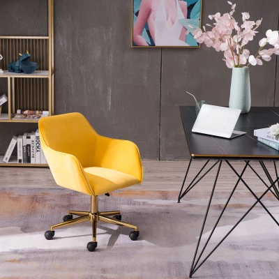 Velvet Adjustable Height Swivel Executive Office Chair with Gold Legs, Yellow
