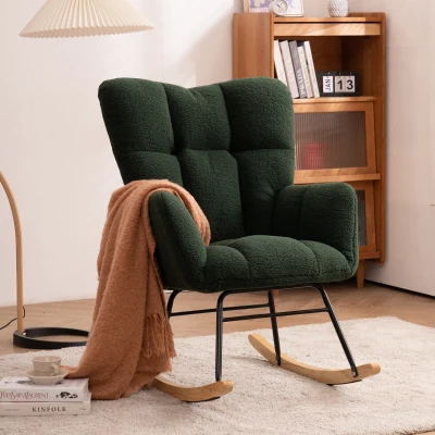 Teddy Fabric Modern Rocker with Padded Seat and Metal Base, Dark Green