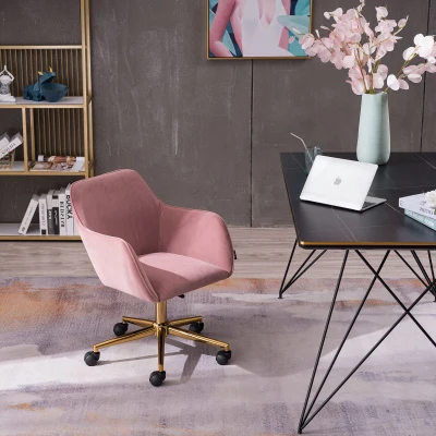 Velvet Adjustable Height Swivel Executive Office Chair with Gold Legs and Ergonomic Backrest, Pink