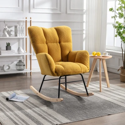Nursery Room Rocking Chair with Upholstered Padded Seat, Yellow