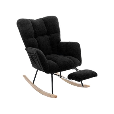 Teddy Fabric Upholstered Rocking Chair with Pull-out Footrest, Black