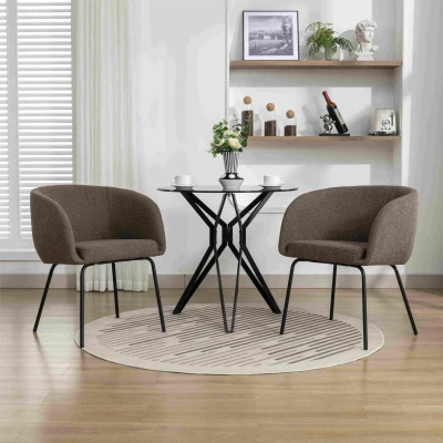 2 Pack Fabric Boucle Chair with Black Powder Coated Metal Legs, Brown