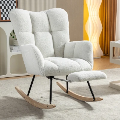 Teddy Fabric Upholstered Rocking Chair with Pull-out Footrest, White