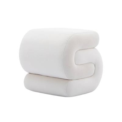 Velvet Pouffe Stool with S-Shape Wavy Design, Ivory