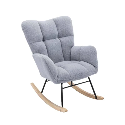 Modern Teddy Fabric Tufted Upholstered Rocking Garden Chair with Padded Seat, Light Grey