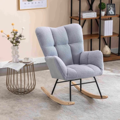 Modern Teddy Fabric Tufted Upholstered Rocking Garden Chair with Padded Seat, Light Grey