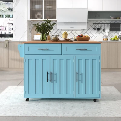 Desserte de Cuisine Multifonctionnelle avec Table Rabattable, Bleu+Jaune