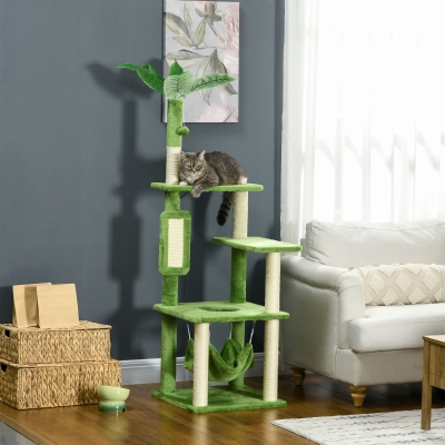 PawHut Arranhador de Gatos Grande de 142 cm com Postes de Sisal Plataformas Rede Folhas e Bola de Brinquedo Ø49x142 cm Verde