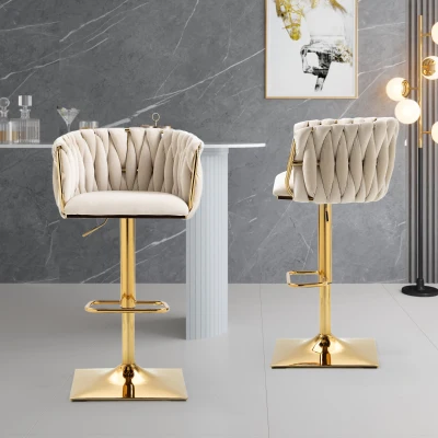Set 2 Sgabelli Da Bar In Velluto Bianco Con Schienale E Poggiapiedi Oro | Altezza 75cm Per Cucina E Pub | Design Moderno E Robusto