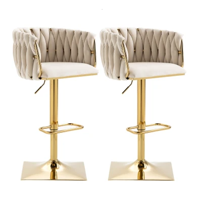 Set di 2 Sgabelli da Bar Vintage con Schienale e Poggiapiedi, Avorio
