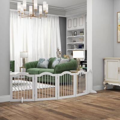 PawHut Bramka dla psów, 5 paneli, składana, elastyczna, Drewno lite/MDF, 254,5x29,5x61 cm, Biała