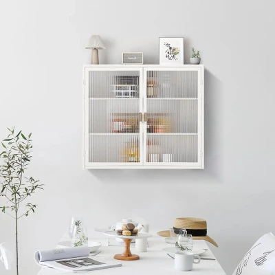 Credenza Moderna Ripostiglio a Due Ante con Vetrata e Ripiani a Tre Livelli, Bianco