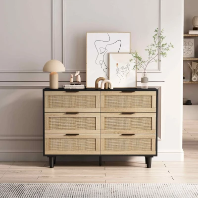 Commode de Rangement en Rotin avec 6 Tiroirs, Noir