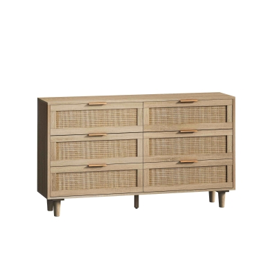 Commode en rotin avec 6 tiroirs pour chambre et salon, Naturel