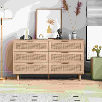 Commode en rotin avec 6 tiroirs pour chambre et salon, Naturel