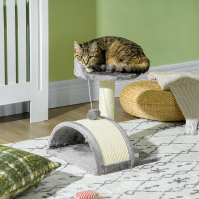 PawHut Arranhador para Gatos de 2 Níveis com Poste e Tapete de Arranhar Cama e Bola Suspensa 35,5x37x46 cm Cinza