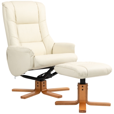 HOMCOM Relaxfauteuil met Voetenbankje, Ligfunctie, Kunstleder Bekleding, tot 150 kg, 71 x 84 x 102 cm, Crèmewit