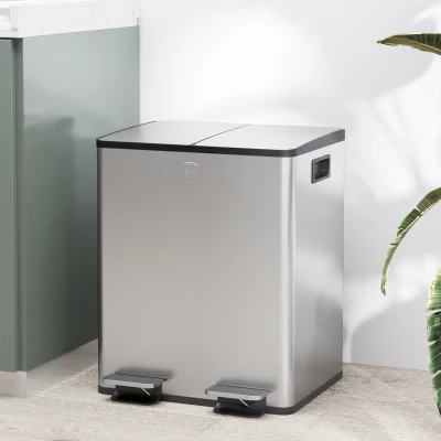 HOMCOM Balde de Lixo de Cozinha com 2 Compartimentos 2x20L Pedal Tampa de Fechamento Suave e Cubo Amovível Prata