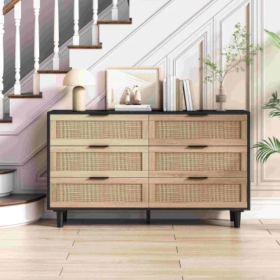 Meuble de Rangement en Rotin avec 6 Tiroirs pour Chambre et Salon, Noir