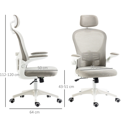 Vinsetto Bürostuhl, drehbares Kopfteil, höhenverstellbar, Nierenpolster, atmungsaktiver Bezug, bis 120kg, Grau