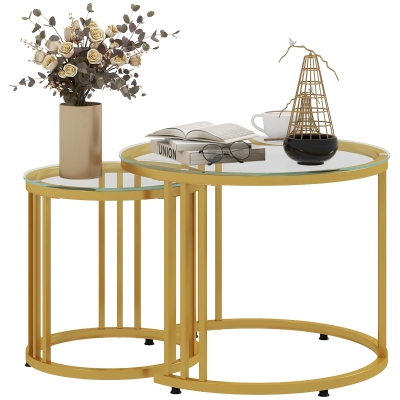 HOMCOM Bijzettafelset, 2 Stuks, Koolstofstaal, Glazen Blad, Ø60x47/Ø40x42 cm, Goud