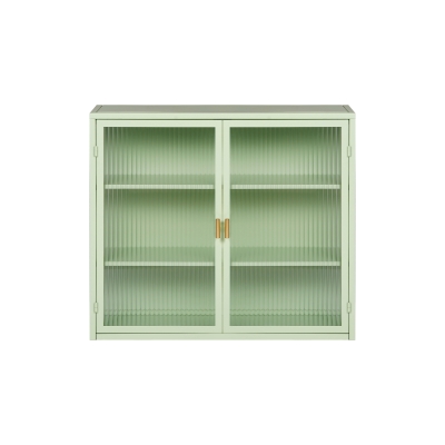 Moderne Wandschrank mit zwei Türen, Glasfront und dreistufigen Regalen für Flur, Wohnzimmer, Bad und Esszimmer, Grün