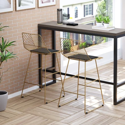 HOMCOM Barkrukken Set, Geometrisch Metalen Ontwerp, Afneembaar Fluweelkussen, Voetsteun, Goud