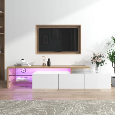 Modern LED Lighting TV Unit with Storage Glass Shelves, White