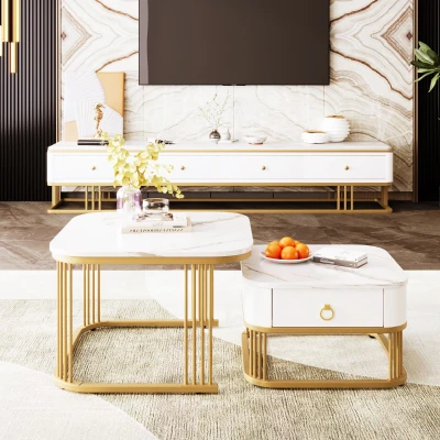 Set of 2 Nesting Coffee Table with High Gloss Top, White