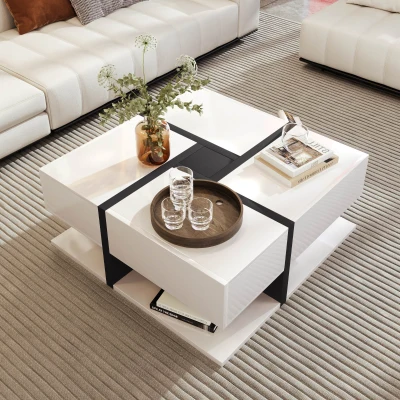 Square Coffee Table with 4 Drawers, White
