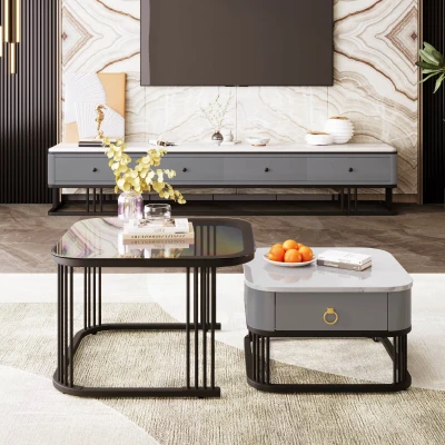 Set of 2 Marble Coffee Table with Black Legs and Drawers, Black