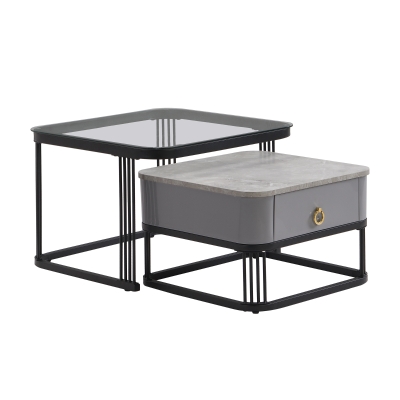 Set of 2 Marble Coffee Table with Black Legs and Drawers, Black