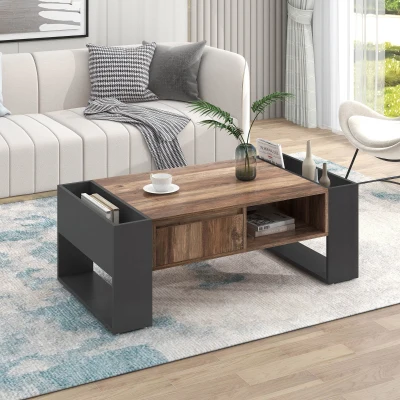 Wood Coffee Table with Handleless Drawer and Double-Sided Storage, Black+Gray