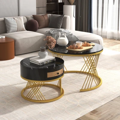 2-in-1 Marble Coffee Table Set with Marble Grain Veneer Top, Black+Gold