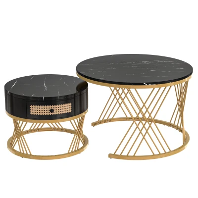 2-in-1 Marble Coffee Table Set with Marble Grain Veneer Top, Black+Gold