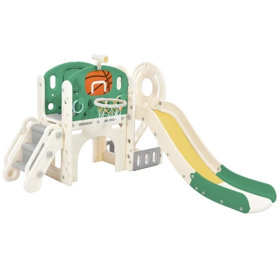 Children's Outdoor Play Equipment Combo with Long Slide, Green
