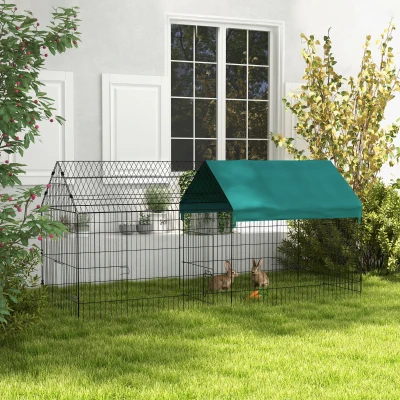 PawHut Kleintiergehege mit Dach, 4 Türen, wetterfest, Stahl/Polyester, 220x85x103cm, Grün/Schwarz
